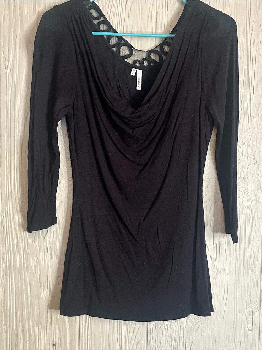 Studio Y Women’s S Black Solid Jersey Stretch Cowl Neck Lace 3/4 Blouse